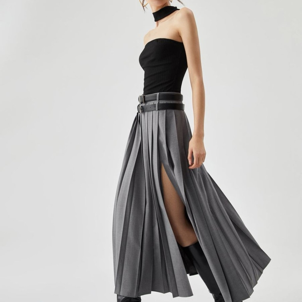 Commense Elegant Gray Pleated Maxi Skirt